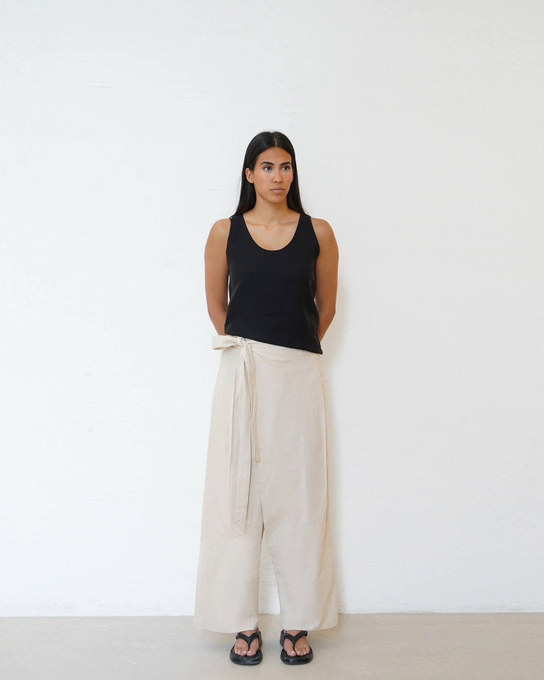 pant088 - شلوار لينن پيله کج با کمر گره دار